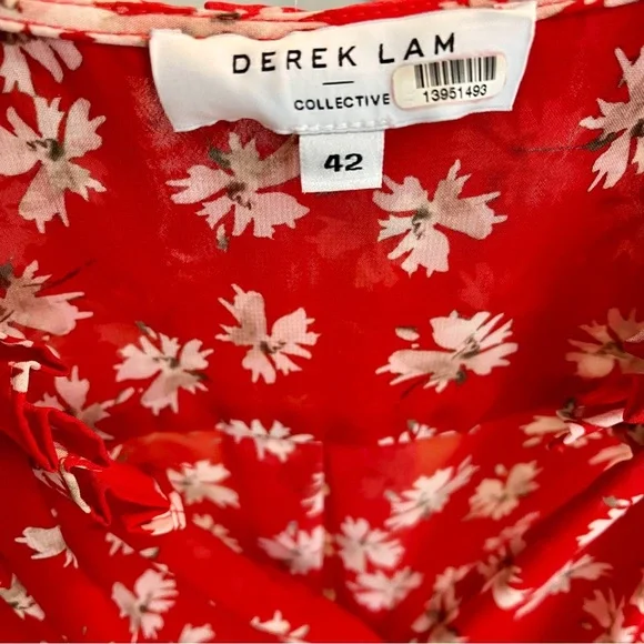 Derek Lam Flutter Cuff Tie Waist Red Floral Blouse size 6 - Picture 6 of 7